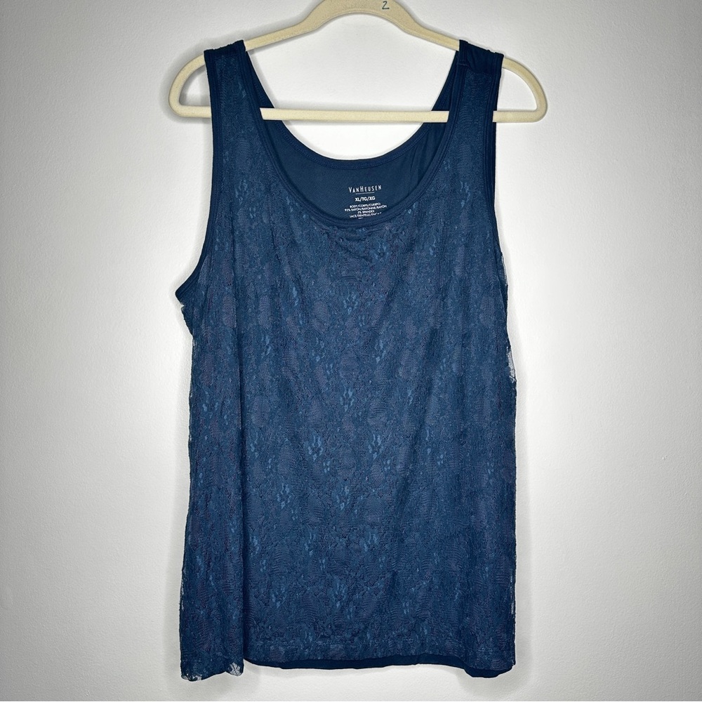 Van Heusen‎ Navy Blue Lace Overlay Tank Top - Size XL - Stretch Rayon Blend